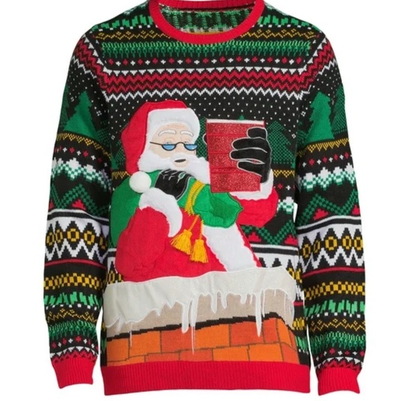Holiday Time Men's Santa Ugly Christmas Sweater w Long Sleeves with coozie med - Picture 1 of 4